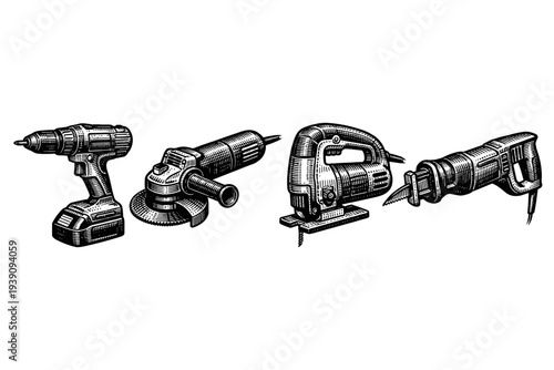 Power Electric Tools Vector Set in Vintage Engraving Style