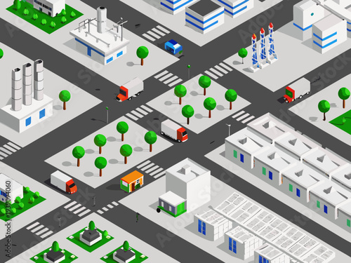 Isometric view of a bustling industrial city with roads and buildings