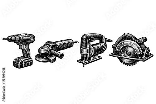 Power Electric Tools Vector Set in Vintage Engraving Style