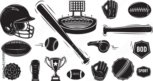 Collection of various sports equipment and icons in black and white