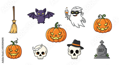 Collection of various Halloween icons including pumpkins, a bat, a mummy ghost, skulls, a broomstick, and a tombstone.
