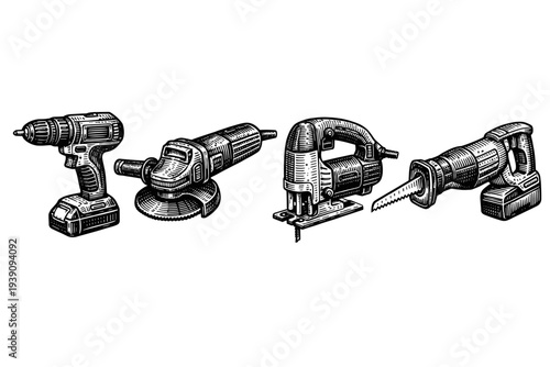 Power Electric Tools Vector Set in Vintage Engraving Style