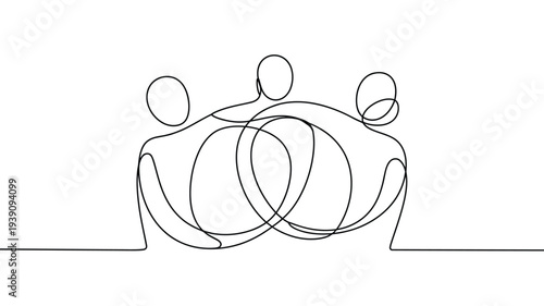 Abstract line drawing depicts a group of people embracing together warmly