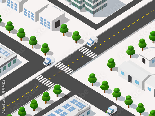 Isometric illustration of a city street with buildings and vehicles