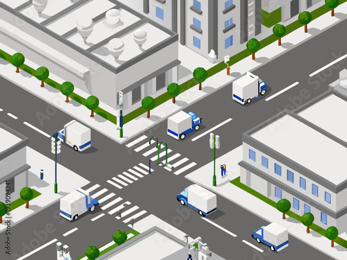 Isometric illustration of a city street with vehicles and pedestrian crossings