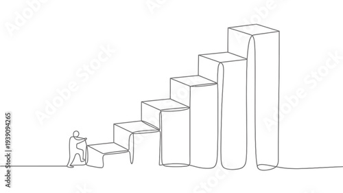 A minimalist line drawing depicts a person climbing a series of ascending blocks