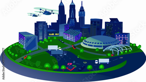 Stylized cityscape illustration featuring skyscrapers drones and ground transportation