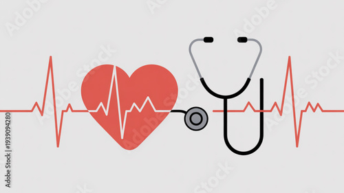 Medical symbol with heart rate line and stethoscope on light gray background for health care concepts