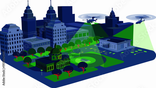 Isometric illustration of a city with helicopters and a central park
