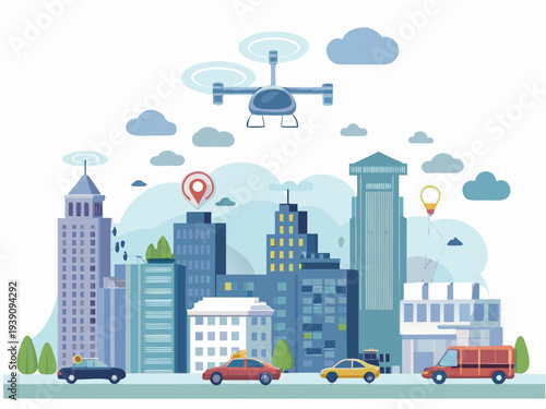 A drone flies over a modern cityscape with buildings vehicles and landmarks