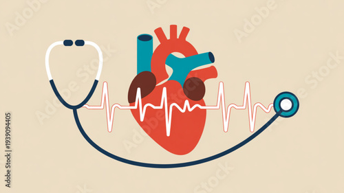 Medical illustration of a stethoscope around a human heart with ecg line on beige background symbolizing cardiovascular health and medical care