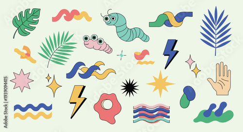 Playful collection of colorful retro abstract shapes, worms, leaves, and doodles for creative graphic design projects.
