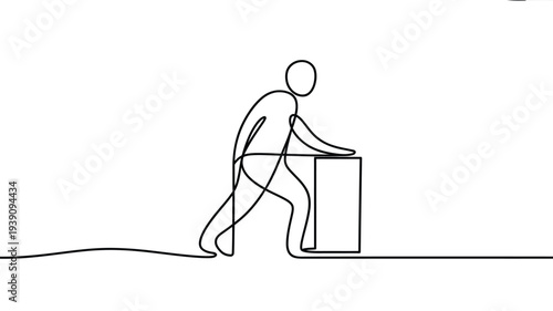 Continuous line drawing depicts a person leaning on a rectangular object
