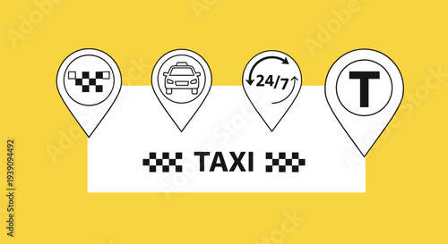 Set of taxi service icons featuring car symbols, location pins, and 24/7 availability on a bright yellow background.