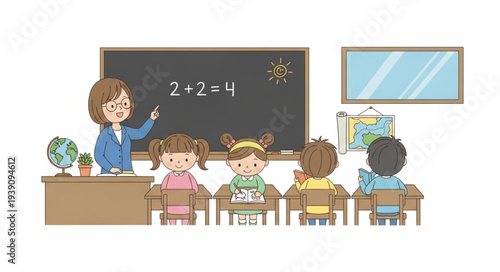 Teacher instructing young students in a classroom setting.