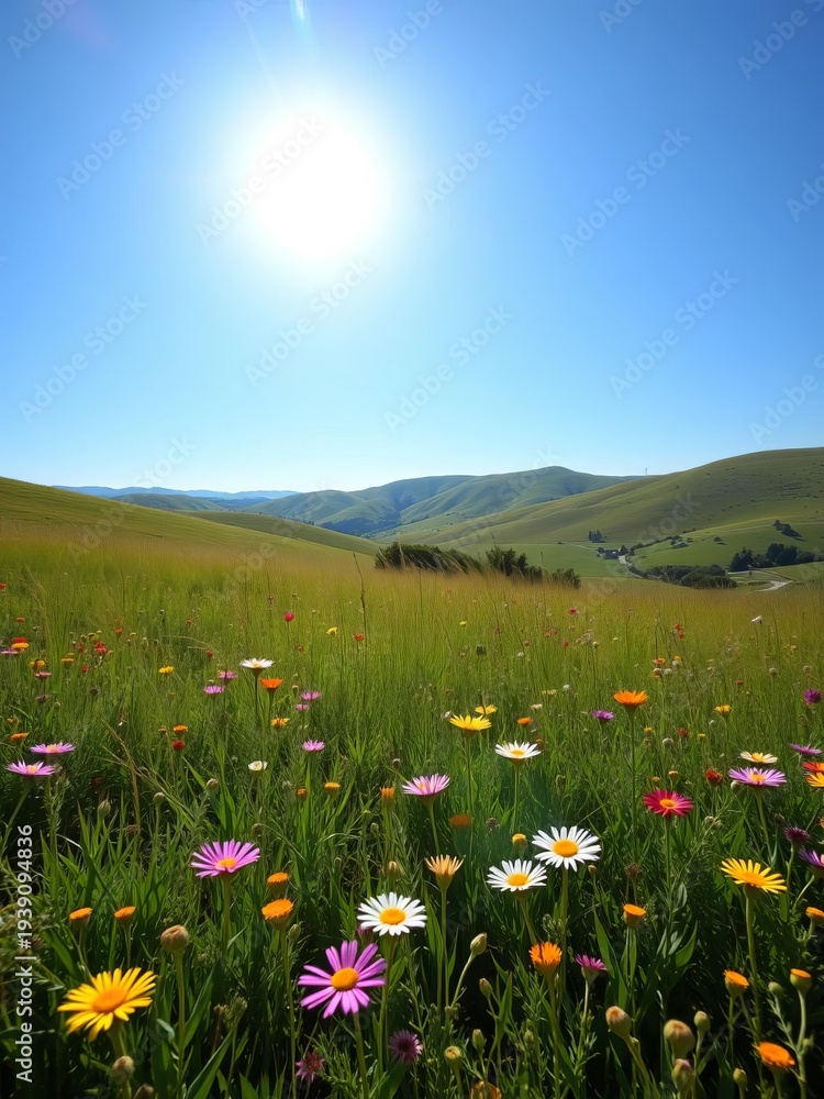 Fototapeta premium Sun-drenched meadow with wildflowers and rolling hills under a clear blue sky, sunny, blooming
