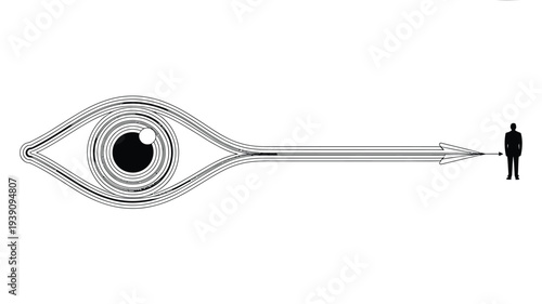 A surreal illustration depicting a large eye with lines extending to a tiny person