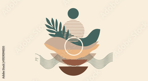 Calm and balanced zen composition featuring stacked stones, a palm leaf, and wavy lines in earthy neutral tones.