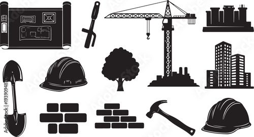 Construction site icons and tools in black silhouette style