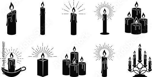 Set of black and white candle icons featuring various wax light designs with flickering flames and vintage glowing rays for spiritual religious or decorative projects (25 words)