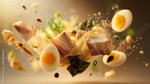 Dynamic ramen ingredients in mid-air. Artificial intelligence image