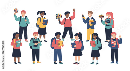 Large group of diverse elementary school children standing together with backpacks and books for an educational concept.