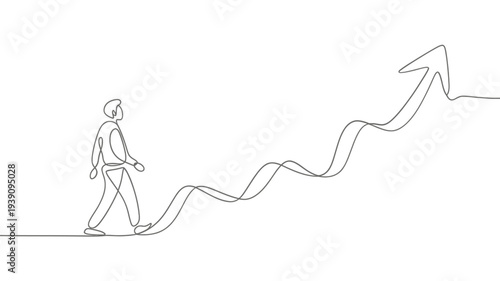 A person walking up a continuous line drawing of an ascending arrow
