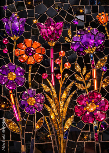 a colorful mosaic of flowers with purple and orange petals shining brightly in the dark with a white