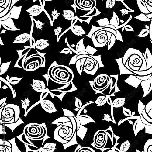 seamless floral pattern white roses on a black background, texture, design
