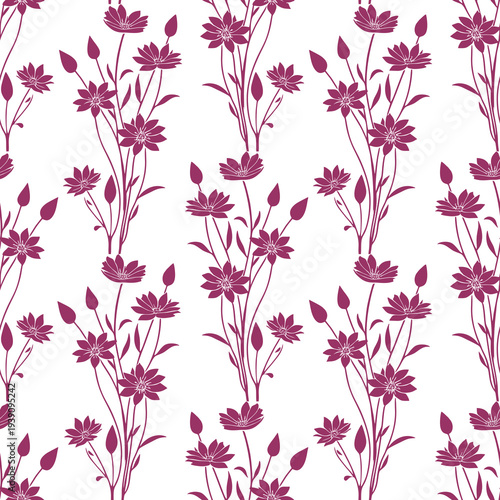 seamless purple graphic floral pattern on white background, texture