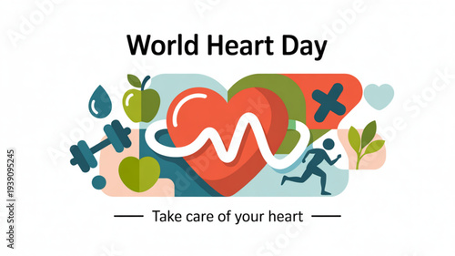 World heart day poster with heart rate line healthy lifestyle icons and 'take care of your heart' slogan on white background