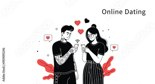 Modern online dating concept illustration featuring a man and a woman in black clothes interacting via their smartphones.