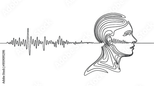 A minimalist line drawing depicts a woman s profile connected to sound waves