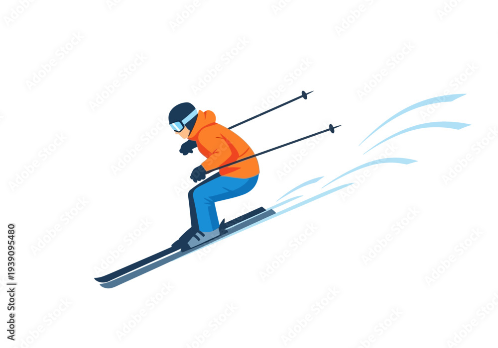 Fototapeta premium A skier in orange jacket and blue pants skiing down a snowy slope with ski poles