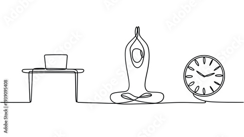 Minimalist line drawing depicts yoga work and time management concepts