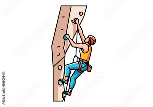 Man rock climbing on an artificial wall with holds, viewed from the side, illustration