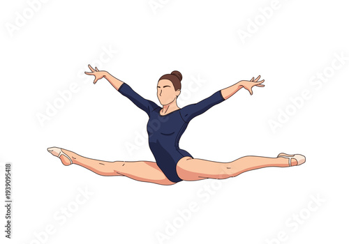 Female gymnast performing splits jump in mid-air, illustration of athletic flexibility and movement
