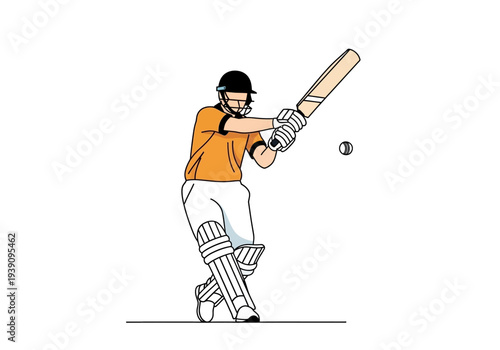 Cricketer in action swinging bat at incoming ball on cricket pitch illustration