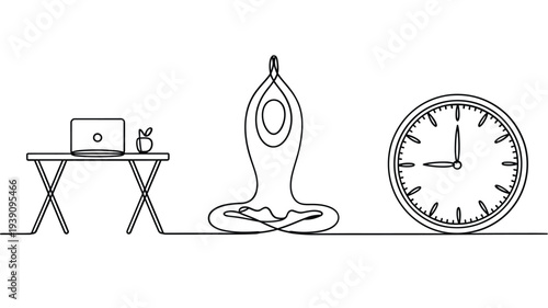 Minimalist line drawing depicting yoga work and time management concepts