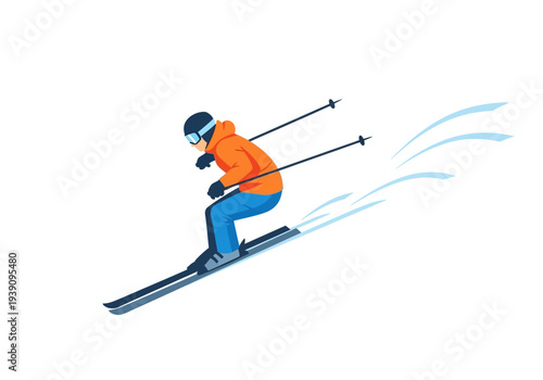 A skier in orange jacket and blue pants skiing down a snowy slope with ski poles