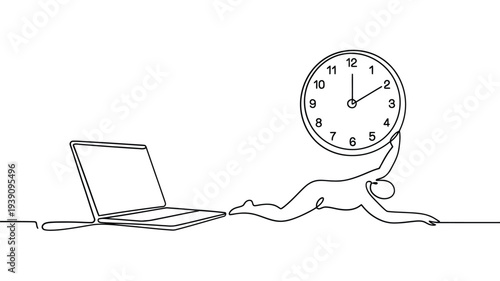 A continuous line drawing depicts a laptop and a clock symbolizing time management