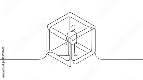A person is enclosed within a continuous line drawing of a cubic structure