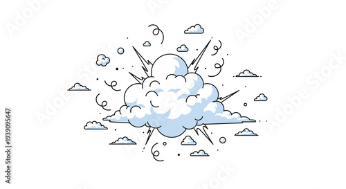 Comic book style cloud explosion or puff of smoke with sharp impact lines and swirling motion elements isolated on white.