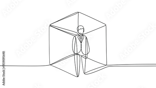 A man in a suit is depicted within a transparent cubic line art structure