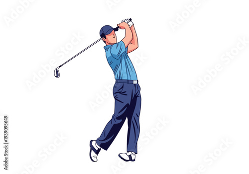Man in blue shirt swinging golf club on a golf course from a side view