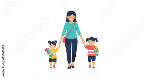 Smiling mother holding hands with her two young daughters while walking together on a bright sunny day outdoors.