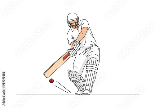 Cricketer hitting cricket ball with bat in action on cricket pitch from side view