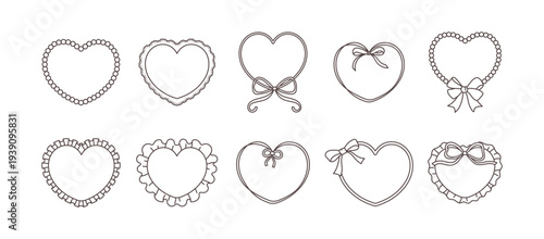 Girly heart frame set with lace, bows and frills. Valentine Heart borders in hand drawn vector style for wedding cards, romantic labels and cute invitations