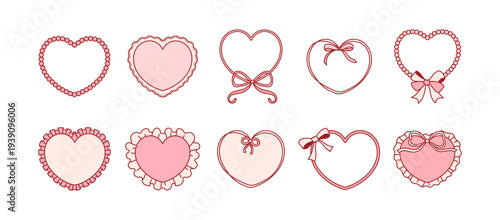 Pink heart frame collection with lace, bows and frills. Romantic Valentine Red borders in vintage coquette vector style for wedding cards, labels and invitations