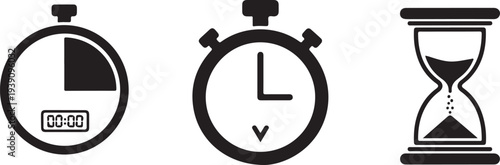 Time Icons: Stopwatch, Digital Timer, and Hourglass on White Background